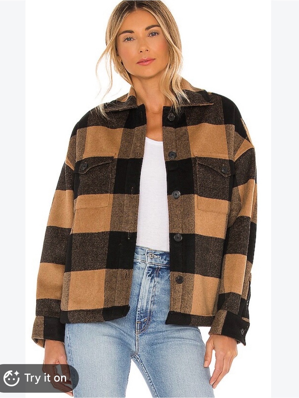 AllSaints Camel and Black Buffalo Check Utility Shacket
